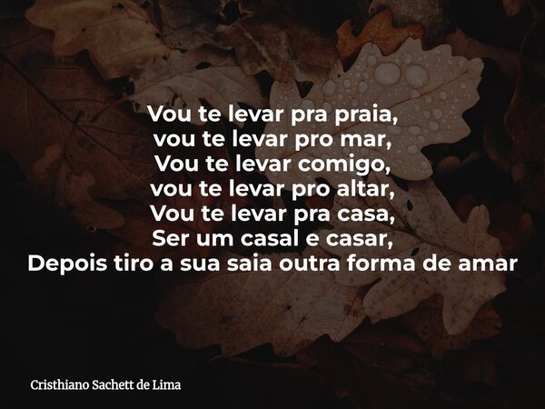 Vou te levar pra praia, vou te levar pro mar, Vou te levar comigo, vou te levar pro altar, Vou te levar pra casa, Ser um casal e casar, Depois tiro a sua saia o... Frase de Cristhiano Sachett de Lima.
