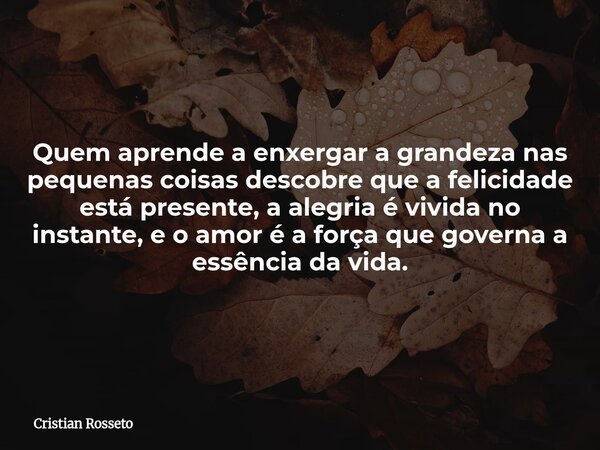 Quem aprende a enxergar a grandeza nas pequenas coisas descobre que a felicidade está presente, a alegria é vivida no instante, e o amor é a força que governa a... Frase de Filósofo Cristian.