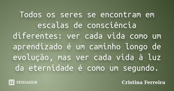 Todos os seres se encontram em escalas de consciência diferentes: ver cada vida como um aprendizado é um caminho longo de evolução, mas ver cada vida à luz da e... Frase de Cristina Ferreira.