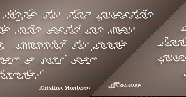Hoje tu faz questão de não está ao meu lado, amanhã tu pode querer e vai ser tarde!... Frase de Cristina Monteiro.