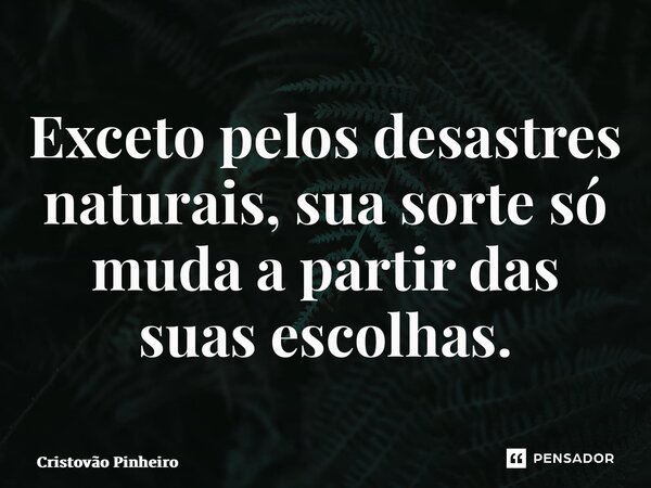 ⁠Exceto pelos desastres naturais, sua sorte só muda a partir das suas escolhas.... Frase de Cristovão Pinheiro.