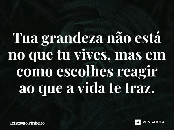 ⁠Tua grandeza não está no que tu vives, mas em como escolhes reagir ao que a vida te traz.... Frase de Cristovão Pinheiro.