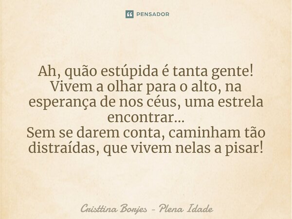 ⁠Ah, quão estúpida é tanta gente! Vivem a olhar para o alto, na esperança de nos céus, uma estrela encontrar... Sem se darem conta, caminham tão distraídas, que... Frase de Cristtina Borjes - Plena Idade.
