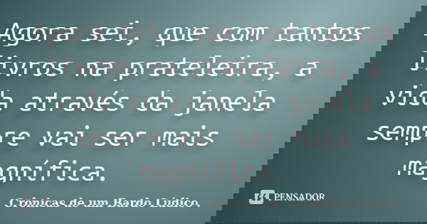 Agora sei, que com tantos livros na prateleira, a vida através da janela sempre vai ser mais magnífica.... Frase de Crônicas de um Bardo lúdico.