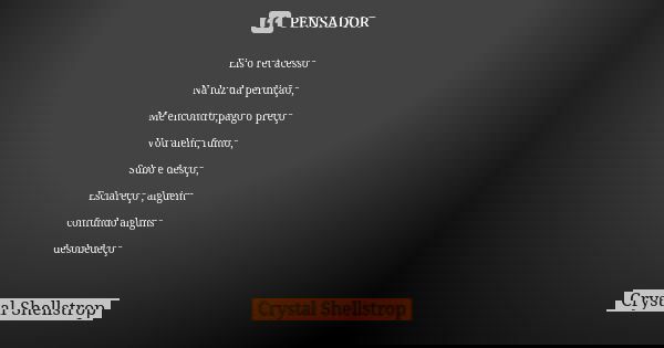 Eis o ret acesso Na luz da perdição, Me encontro,pago o preço Vou além, fumo, Subo e desço, Esclareço , alguém confundo alguns desobedeço... Frase de Crystal Shellstrop.
