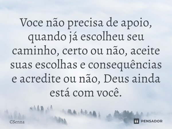 ⁠Voce não precisa de apoio, quando já escolheu seu caminho, certo ou não, aceite suas escolhas e consequências e acredite ou não, Deus ainda está com você.... Frase de CSenna.