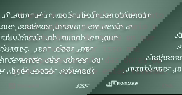 O amor é o mais belo sentimento que podemos provar em meio a turbulência do mundo em que vivemos, por isso ame independentemente das dores ou problemas que hoje... Frase de Css.