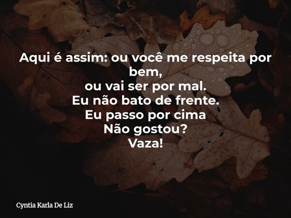 ⁠Aqui é assim: ou você me respeita por bem, ou vai ser por mal. Eu não bato de frente. Eu passo por cima Não gostou? Vaza!... Frase de Cyntia Karla De Liz.