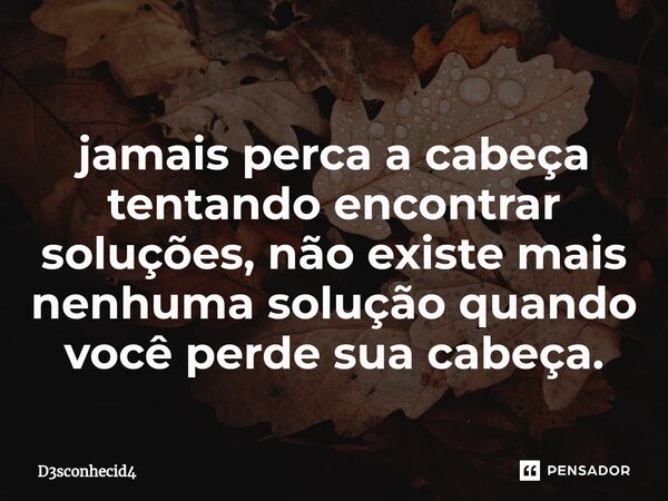 ⁠jamais perca a cabeça tentando encontrar soluções, não existe mais nenhuma solução quando você perde sua cabeça.... Frase de D3sconhecid4.