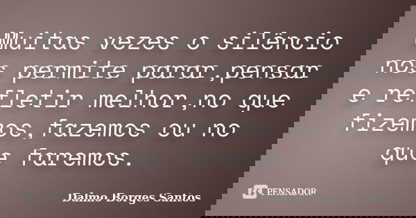 Muitas vezes o silêncio nos permite parar,pensar e refletir melhor,no que fizemos,fazemos ou no que faremos.... Frase de Dalmo Borges Santos.