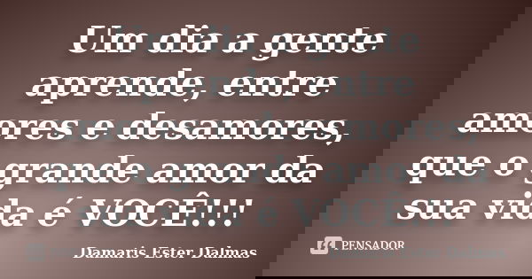 Um dia a gente aprende, entre amores e desamores, que o grande amor da sua vida é VOCÊ!!!... Frase de Damaris Ester Dalmas.