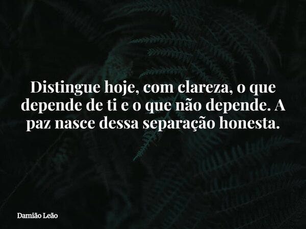 Distingue hoje, com clareza, o que depende de ti e o que não depende. A paz nasce dessa separação honesta.... Frase de Damião Leão.