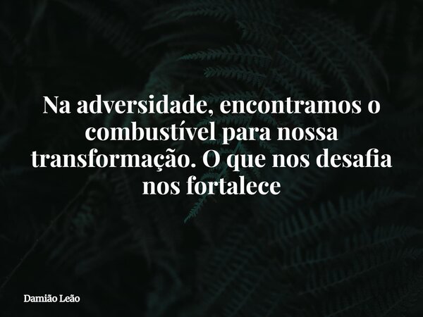 Na adversidade, encontramos o combustível para nossa transformação. O que nos desafia nos fortalece... Frase de Damião Leão.
