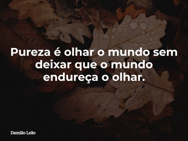 Pureza é olhar o mundo sem deixar que o mundo endureça o olhar.... Frase de Damião Leão.