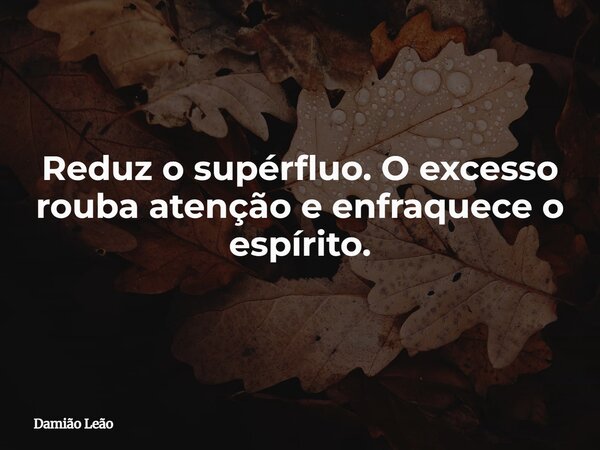 Reduz o supérfluo. O excesso rouba atenção e enfraquece o espírito.... Frase de Damião Leão.