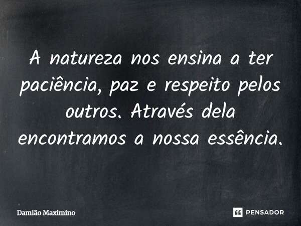 A natureza nos ensina a ter paciência, paz e respeito pelos outros. Através dela encontramos a nossa essência.... Frase de Damião Maximino.