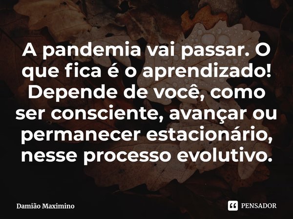 ⁠A pandemia vai passar. O que fica é o aprendizado! Depende de você, como ser consciente, avançar ou permanecer estacionário, nesse processo evolutivo.... Frase de Damião Maximino.