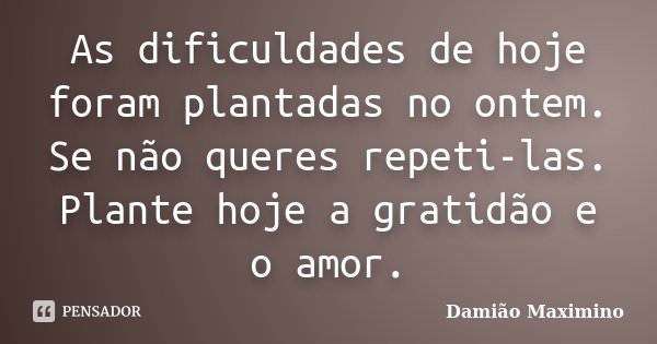 As dificuldades de hoje foram plantadas no ontem. Se não queres repeti-las. Plante hoje a gratidão e o amor.... Frase de Damião Maximino.