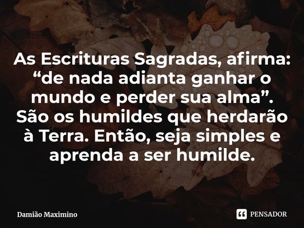 ⁠As Escrituras Sagradas, afirma: “de nada adianta ganhar o mundo e perder sua alma”. São os humildes que herdarão à Terra. Então, seja simples e aprenda a ser h... Frase de Damião Maximino.