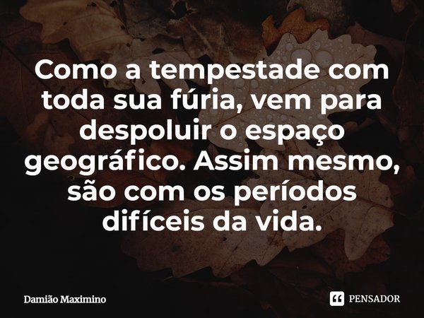 ⁠Como a tempestade com toda sua fúria, vem para despoluir o espaço geográfico. Assim mesmo, são com os períodos difíceis da vida.... Frase de Damião Maximino.