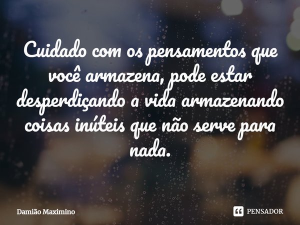 Cuidado com os pensamentos que você armazena, pode estar desperdiçando a vida armazenando coisas inúteis que não serve para nada.... Frase de Damião Maximino.
