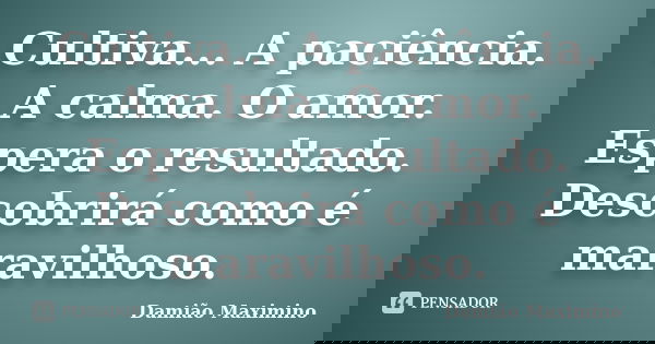 Cultiva... A paciência. A calma. O amor. Espera o resultado. Descobrirá como é maravilhoso.... Frase de Damião Maximino.