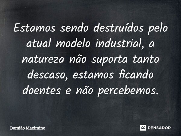 ⁠Estamos sendo destruídos pelo atual modelo industrial, a natureza não suporta tanto descaso, estamos ficando doentes e não percebemos.... Frase de Damião Maximino.