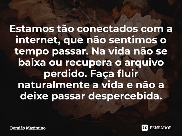 ⁠Estamos tão conectados com a internet, que não sentimos o tempo passar. Na vida não se baixa ou recupera o arquivo perdido. Faça fluir naturalmente a vida e nã... Frase de Damião Maximino.