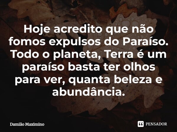 ⁠Hoje acredito que não fomos expulsos do Paraíso. Todo o planeta, Terra é um paraíso basta ter olhos para ver, quanta beleza e abundância.... Frase de Damião Maximino.
