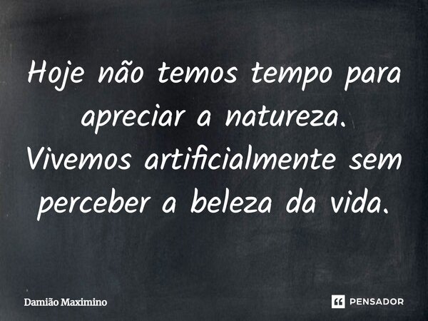 Hoje não temos tempo para apreciar a natureza. Vivemos artificialmente sem perceber a beleza da vida.... Frase de Damião Maximino.
