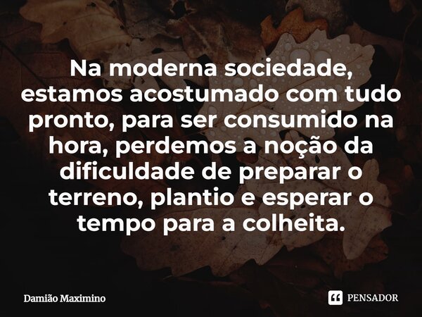 ⁠Na moderna sociedade, estamos acostumado com tudo pronto, para ser consumido na hora, perdemos a noção da dificuldade de preparar o terreno, plantio e esperar ... Frase de Damião Maximino.