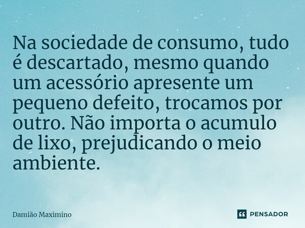 ⁠Na sociedade de consumo, tudo é descartado, mesmo quando um acessório apresente um pequeno defeito, trocamos por outro. Não importa o acumulo de lixo, prejudic... Frase de Damião Maximino.