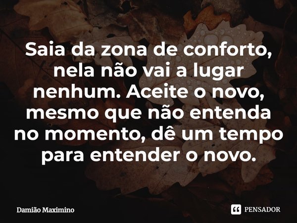 ⁠Saia da zona de conforto, nela não vai a lugar nenhum. Aceite o novo, mesmo que não entenda no momento, dê um tempo para entender o novo.... Frase de Damião Maximino.