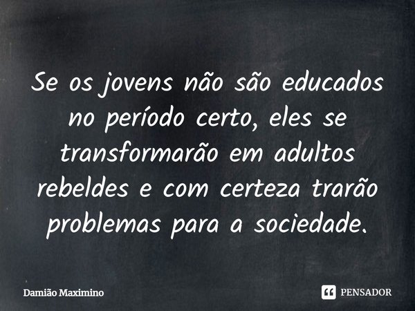 ⁠Se os jovens não são educados no período certo, eles se transformarão em adultos rebeldes e com certeza trarão problemas para a sociedade.... Frase de Damião Maximino.