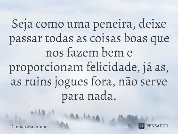 Seja como uma peneira, deixe passar todas as coisas boas que nos fazem bem e proporcionam felicidade, já as, as ruins jogues fora, não serve para nada.... Frase de Damião Maximino.