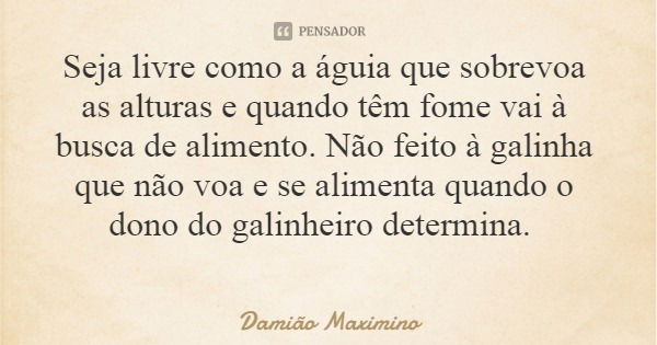 Seja livre como a águia que sobrevoa as alturas e quando têm fome vai à busca de alimento. Não feito à galinha que não voa e se alimenta quando o dono do galinh... Frase de Damião Maximino.