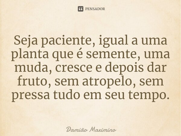 ⁠Seja paciente, igual a uma planta que é semente, uma muda, cresce e depois dar fruto, sem atropelo, sem pressa tudo em seu tempo.... Frase de Damião Maximino.