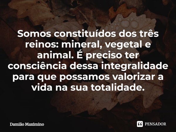 ⁠Somos constituídos dos três reinos: mineral, vegetal e animal. É preciso ter consciência dessa integralidade para que possamos valorizar a vida na sua totalida... Frase de Damião Maximino.