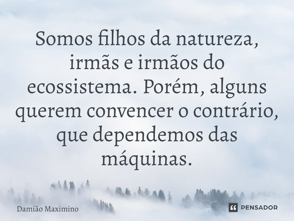 Somos filhos da natureza, irmãs e irmãos do ecossistema. Porém, alguns querem convencer o contrário, que dependemos das máquinas.... Frase de Damião Maximino.