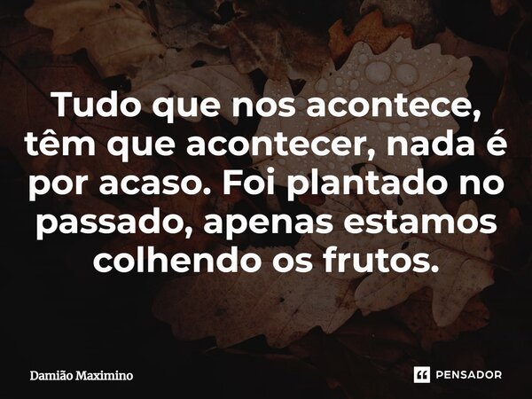 ⁠Tudo que nos acontece, têm que acontecer, nada é por acaso. Foi plantado no passado, apenas estamos colhendo os frutos.... Frase de Damião Maximino.