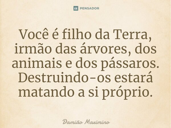 ⁠Você é filho da Terra, irmão das árvores, dos animais e dos pássaros. Destruindo-os estará matando a si próprio.... Frase de Damião Maximino.