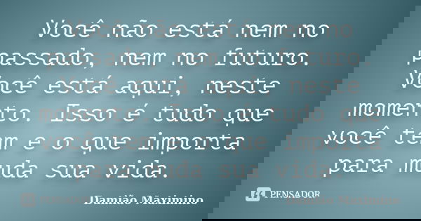 Você não está nem no passado, nem no futuro. Você está aqui, neste momento. Isso é tudo que você tem e o que importa para muda sua vida.... Frase de Damião Maximino.