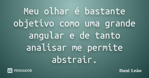 Meu olhar é bastante objetivo como uma grande angular e de tanto analisar me permite abstrair.... Frase de Dani Leão.