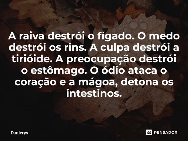 ⁠A raiva destrói o fígado. O medo destrói os rins. A culpa destrói a tirióide. A preocupação destrói o estômago. O ódio ataca o coração e a mágoa, detona os int... Frase de Danicrys.