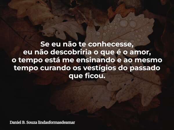 Se eu não te conhecesse, eu não descobriria o que é o amor, o tempo está me ensinando e ao mesmo tempo curando os vestígios do passado que ficou.... Frase de Daniel B. Souza lindasformasdeamar.