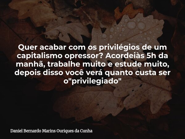 Quer acabar com os privilégios de um capitalismo opressor? Acordeiàs 5h da manhã, trabalhe muito e estude muito, depois disso você verá quanto custa ser o &quot... Frase de Daniel Bernardo Marins Ouriques da Cunha.