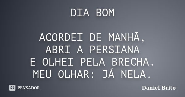 DIA BOM ACORDEI DE MANHÃ, ABRI A PERSIANA E OLHEI PELA BRECHA. MEU OLHAR: JÁ NELA.... Frase de Daniel Brito.