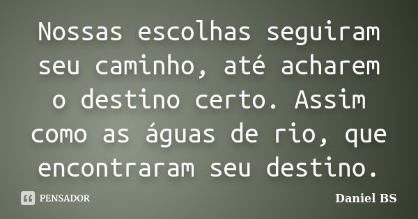 Nossas escolhas seguiram seu caminho, até acharem o destino certo. Assim como as águas de rio, que encontraram seu destino.... Frase de Daniel BS.