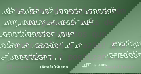 Na alma do poeta contém um pouco a mais de sentimentos que extrapolam a razão! E o remédio é poetizar...... Frase de Daniel Bueno.