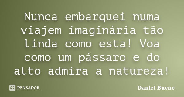 Nunca embarquei numa viajem imaginária tão linda como esta! Voa como um pássaro e do alto admira a natureza!... Frase de Daniel Bueno.